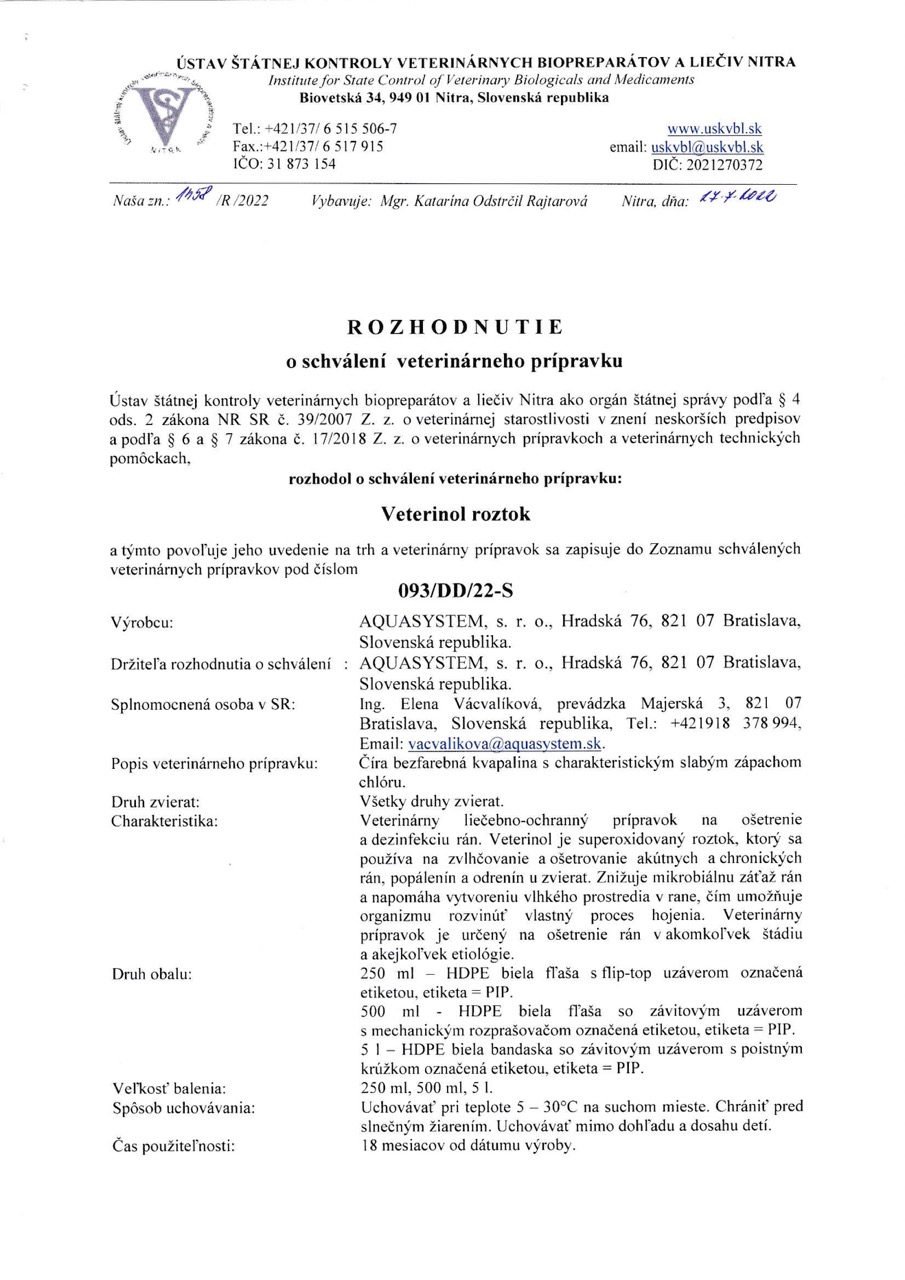 Rozhodnutie o schválení veterinárneho prípravku Veterinol roztok
